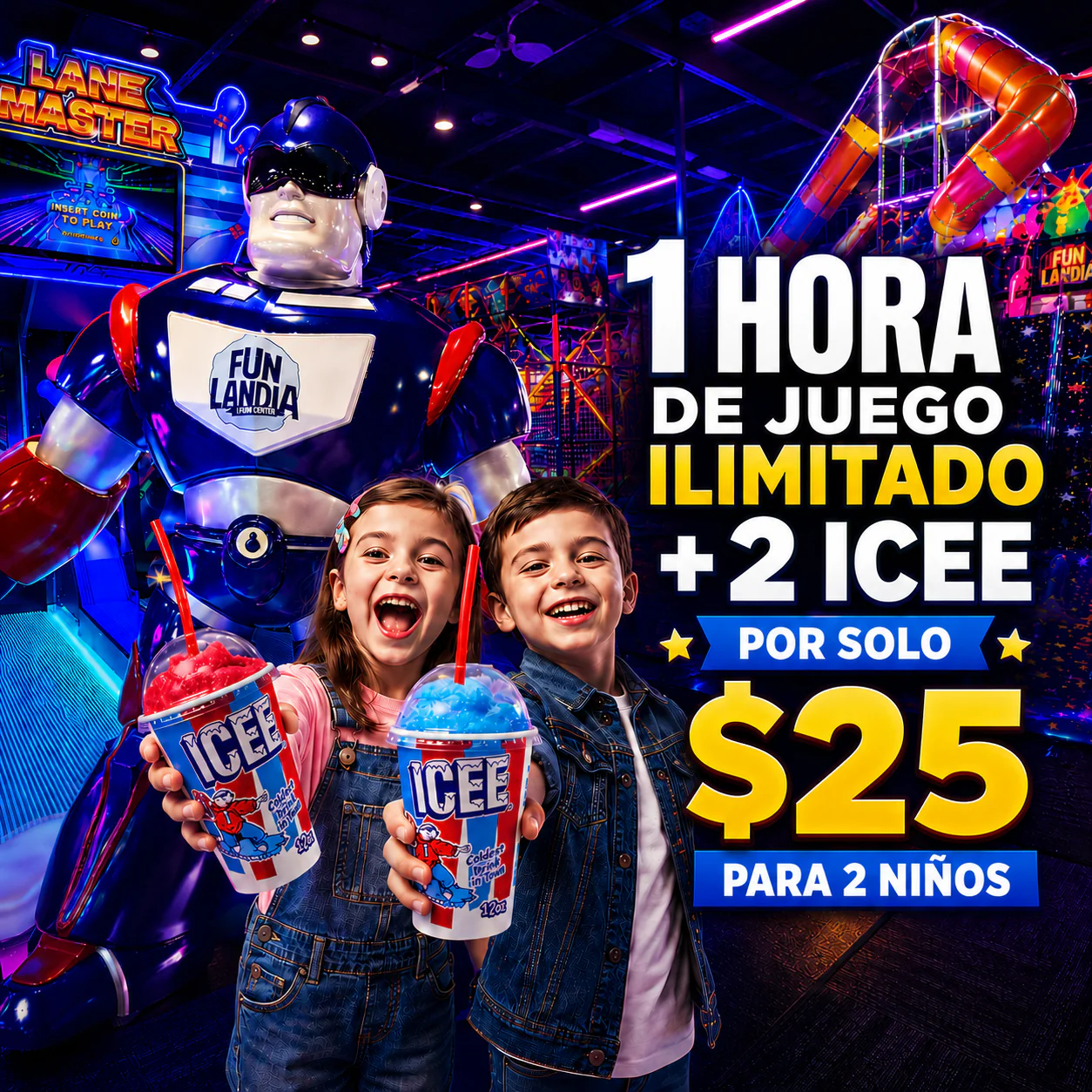 1 Hora de Juego Ilimitado + 2 ICEE para 2 niños por solo $25 en Funlandia TownCenter
