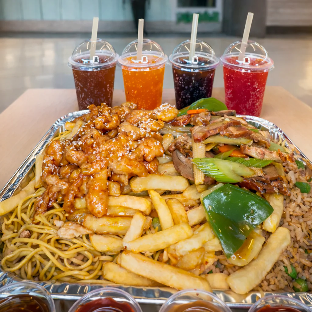 Bandeja de Arroz Frito con Papas Fritas y Chow Mein + Pollo Miel + Puerco Asado + 4 Sodas por $19.50 en Rice Asian Kit-Chin - Image 2