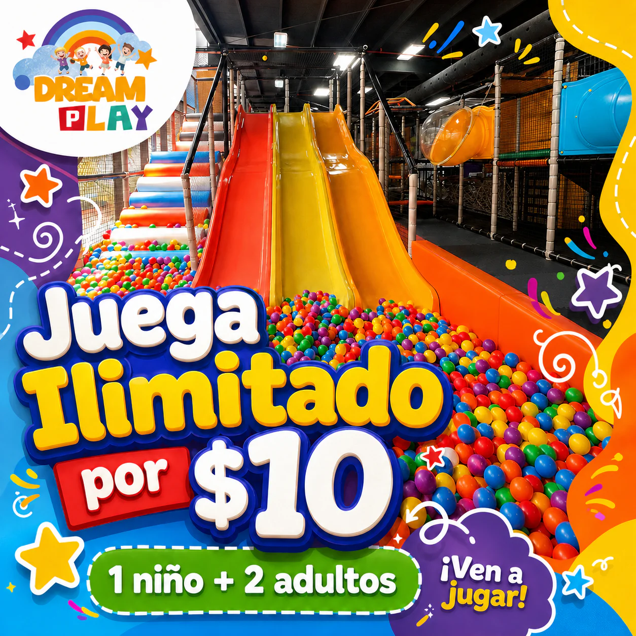 Acceso Ilimitado al Parque para 1 Niño + 2 Adultos + Botella de Agua por $10 en Dream Play